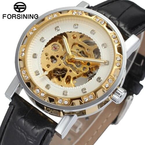 2019 Fashion Top Brand Forsining Gold Retro Luminous Hands Diamond Display Mens Mechanical Skeleton Wrist Watches Luxury Clock