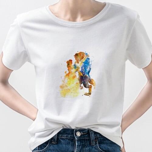 Beauty and The Beast Tee shirt Femme Disney Aesthetic Watercolor Style Princess and Prince Graphic T-shirt Female Dropship