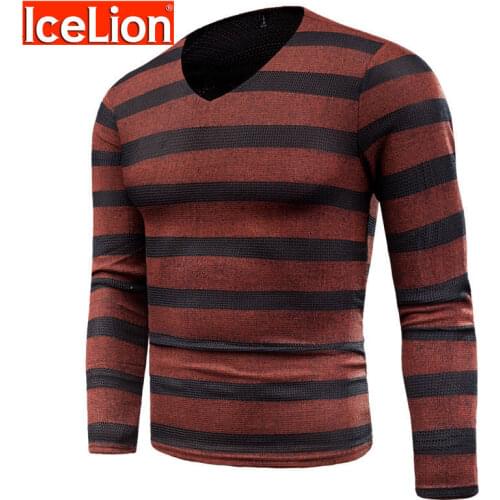 IceLion 2021 Autumn V-Neck T Shirt Men Fashion Stripe Solid T-shirt Thicken Bodybuilding Long Sleeve Personality Tees Clothing