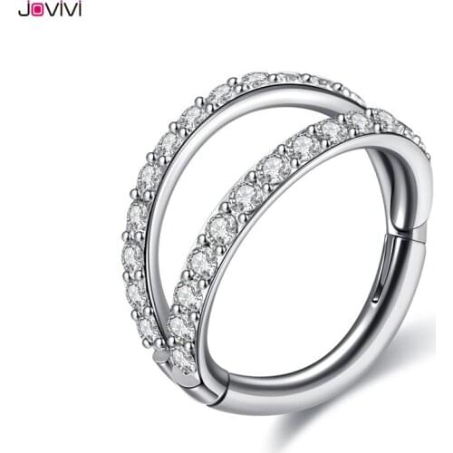 Jovivi 316 Stainless Steel Double Hinged Clicker Nose Septum Ring Cubic Zirconia Hoop Eyebrow Lip Ear Ring Body Piercing Jewelry