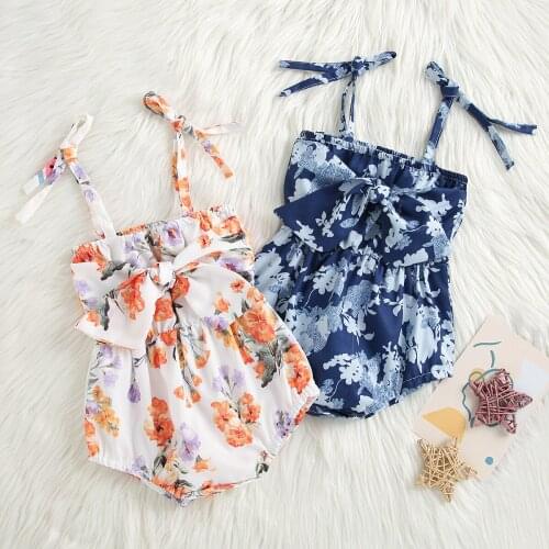 Cute Baby Girls Floral Printed Romper Bowknot Sleeveless Cotton Off Shoulder Strap Romper Jumpsuit Infant Summer Clothes