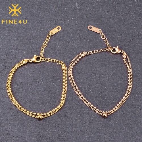 FINE4U B448 Gold Color Cute 3MM Beaded Bracelet Dainty Handmade Link Layered Bracelets for Women Girls