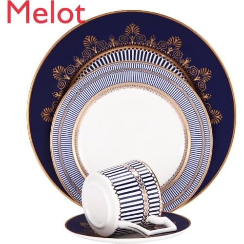 Luxury noble Salad Pasta Tray Home Gift Cutlery Dinner Set Custom Royal blue edge wedding plates Chinese ceramic tableware