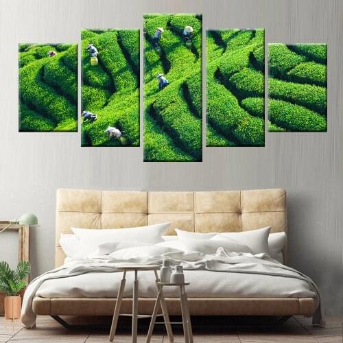 Wall Art Canvas Painting HD Print 5 Panel Natural Green Tea Garden Landscape Nordic Poster for Living Room Bedroom Wall Decor