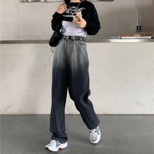 2021 New Womens Jeans Spring Streetwear High Waist Wide Leg Pants Baggy Smoky Grey Tie Dye Fashion Femme Straight Denim Trouser