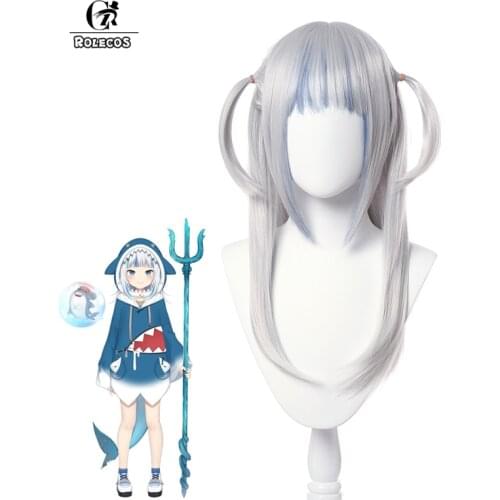 ROLECOS Hololive Gawr Gura Cosplay Wig Gawr Gura Long Hair Cosplay Anime Hololive White Mixed Bule 60CM Women Halloween Headwear