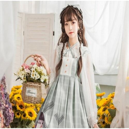 Pastoral style sweet lolita dress retro falbala high waist cute printing victorian dress kawaii girl gothic lolita jsk loli cos