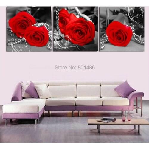 Direct factory price ! 3 pieces red roses in black+ white background picture modern wall art painting print on canvas (NO FRAME)