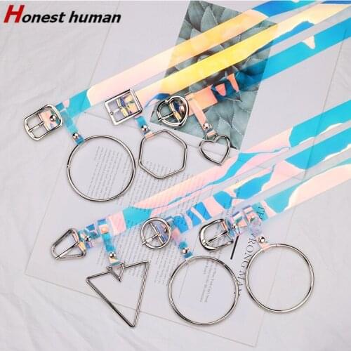 Fashion Laser Transparent Plastic Belts For Women Rainbow Color Clear Belt Cute Heart Circle Triangle Metal Pendant Jeans Strap