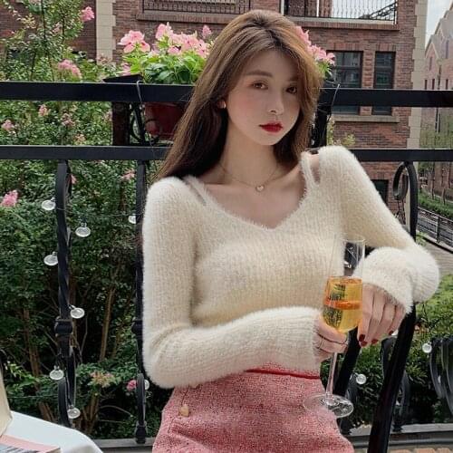 Sexy Ladies Faux Mink Off-shoulder Sweater Womens Long-sleeved Slim-fit Knit Short Pullover Winter Chic Slim-fit Pullover