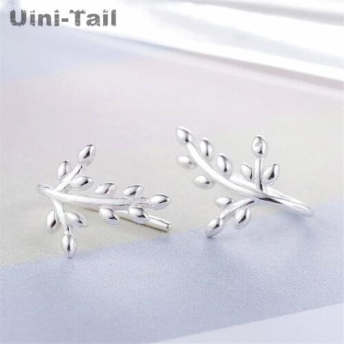 Uini-Tail hot new 925 sterling silver simple olive leaf earrings personality fashion tide flow branches young leaves earrings