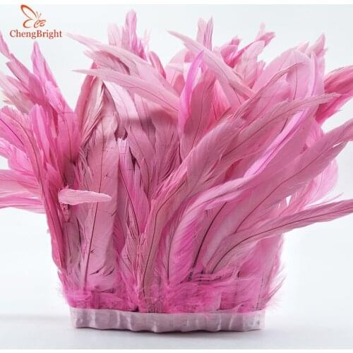 ChengBright 10Yards Pink Cock tail feathers Trim Fringe 25-30cm/10-12inch Width Decorative Craft Feather Trim Feather Ribbon DIY