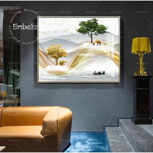 Embelish Golden Deer Abstract Mountain Tree Boat Landscape Wall Pictures For Living Room Home Decor Posters HD Canvas Paintings