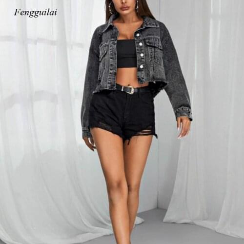 2021 Autumn Womens Sexy Ripped Denim Jacket Retro Casual Short Denim Jacket Long Sleeve Women Fashion Frayed Jacket