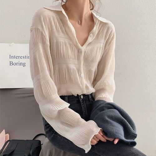 Women Casual Long Sleeve Turn-down Collar Solid T-Shirt New 2021 Spring Vintage Elegant Chiffon Female Flare Sleeve Elegant Tops