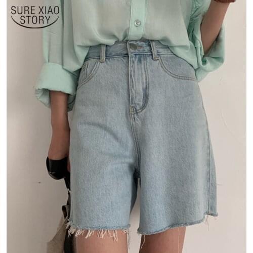 High Waist Burr Wide Leg Denim Shorts Female 2021 Korean Summer Light Blue Loose Tassels Hem Denim Shorts for Women 9942