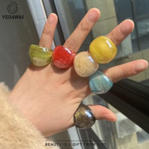 Vedawas Fashion Candy Color Glass Rings For Women Korean Cute Romantic Charm Rings Finger Accessories Jewelry Party Wholesale
