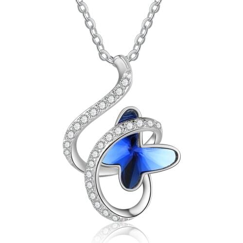 JewelOra New Butterfly Blue Crystal Necklace Pendants for Women Silver Color Geometric Zirconia Paved Link Chain Necklace Gift