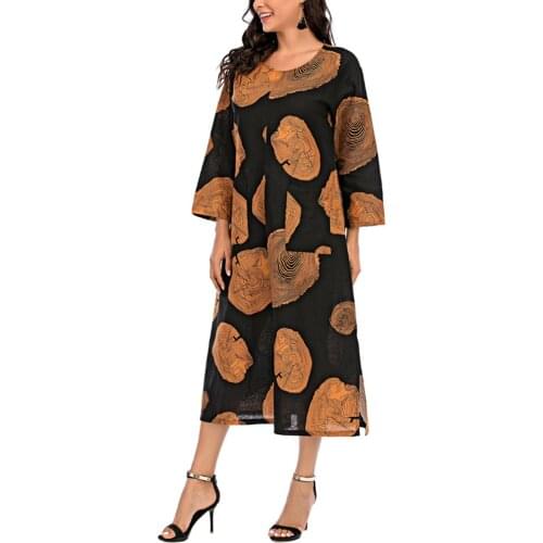 Plus Size Women Stand Collar Long Sleeve Ethnic Print Single-breasted Loose Maxi Dress Women женское платье