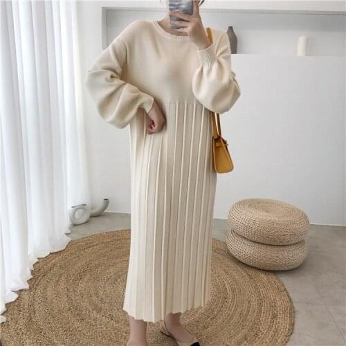 SuperAen Autumn Winter Thickened Long Knitted Solid O Neck Lantern Sleeve Wool Dresses for Women