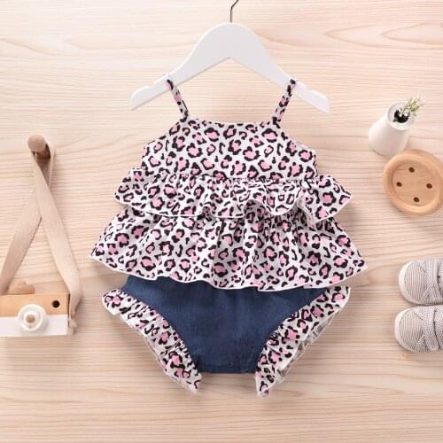 2Pcs Baby Summer Clothing Leopard Print Spaghetti Straps Vest + Elastic Waist Shorts for Toddler Girls 0-24 Months
