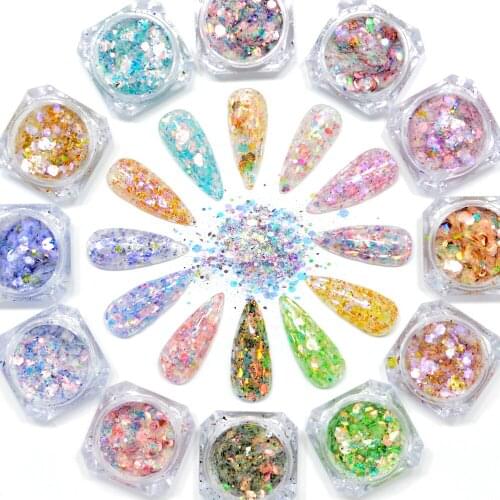WUF 12 Colors Mix Hexagon Nail Glitter Powder Sequins Set Ultra-Thin Sparkles Flake Manicure Decoration Nail Art Paillette Tip