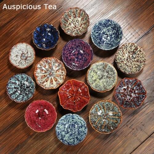 1pc Multicolor Kiln Fambe Ceramic Tea Set Small Tea Cup Single Cup Temmoku Glaze Porcelain Cup Japanese Kung Fu Puer Master Cup
