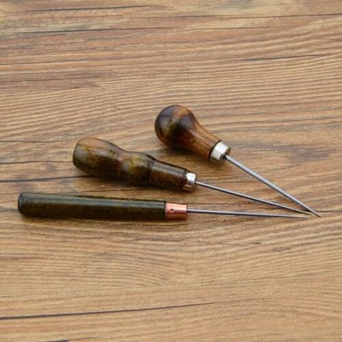 2pcs Wood Handle Sewing Awl Leather Punching Tools Leather Straight Awls Hole Puncher Drills Leather Craft Awl Hand Stitching