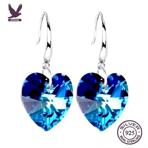 2021 Austria Crystal Silver Earrings Blue Heart of Ocean Shaped Earring for Birthday Gift for Women pendientes mujer moda