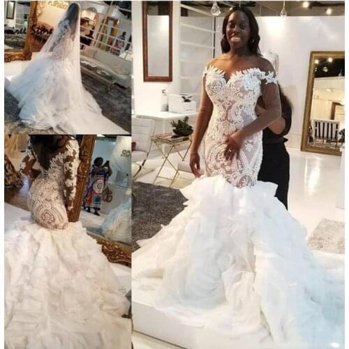 African Long Sleeves Wedding Dresses Lace Mermaid Illusion Luxury Ruffles Custom Made Plus Size Wedding Bridal Gown vestido de