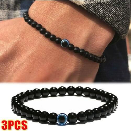 Turkish Evil Eyes Bracelet Black Natural Stone Beads Obsidian Men Braslet for Women Men Yoga Hand Jewelry Accessories 1/3Pcs