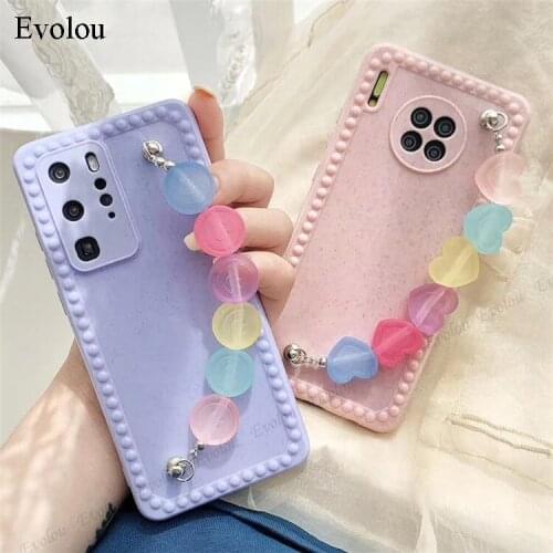 For Huawei P40 P30 Pro Case Love Heart Chain Wrist Band Phone Cases for Huawei Mate 30 Pro Nova 6 7 Candy Color Silicone Cover