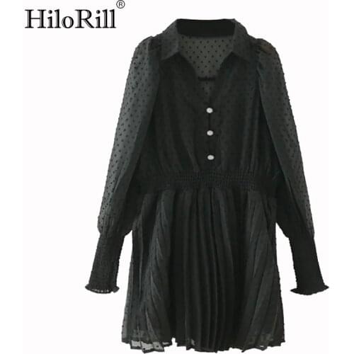 HiloRill Women Elegant Dot Embroidery Chiffon Mini Dress Puff Long Sleeve Pleated Party Dress Female Elastic Waist Chic Dresses