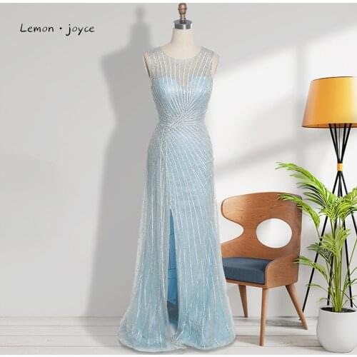 Lemon Joyce Elegant Evening Dresses 2021 Long Sexy Illusion Beading With O-Neck Party Dress Formal Dress Gowns