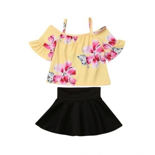 Cute Newborn Kid Baby Girls Flower Off Shoulder Tops Skirts 2PCS Outfit Clothes Size 1-4T