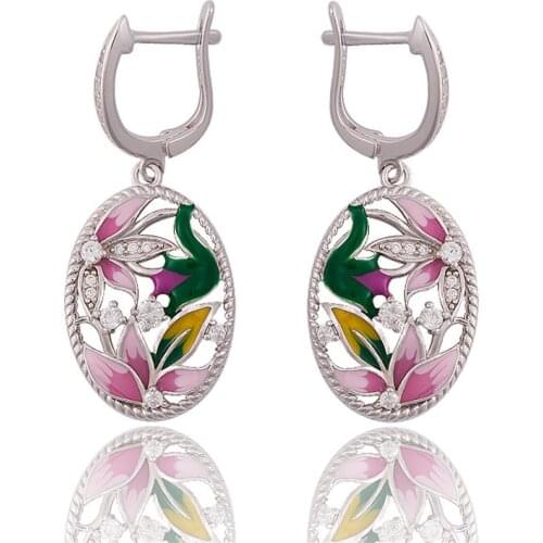 Trendy Vintage Multi-color Lotus Flower Enamel Silver Dangle Earrings for Women Bohemia Temperament Pendant Hanging Earrings