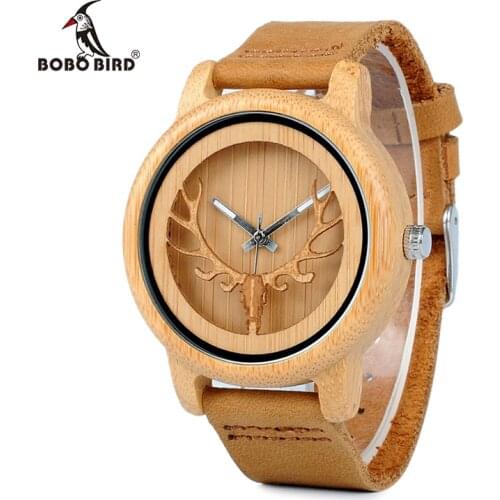 BOBO BIRD Bamboo Watch Men Wood Quartz Wristwatches With Deer Buck Head Design Real Leather Band in Box Relogio Drop Shipping