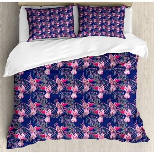 Watercolor Duvet Cover Set Tropical Illustration of Flamingos and Leaves 3 Piece Bedding Set Night Blue Magenta