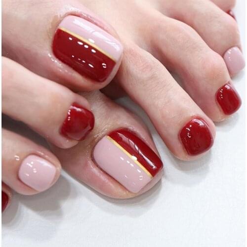 24pcs Red Pink Colour Fake Nails Full cover Foot Fake Nails Glue DIY Manicure Nail Art Tools