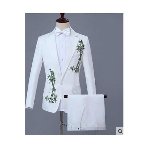 White new arrival slim men embroidered suit set with pants mens wedding suits bamboo formal dress mens groom suit + pant tie