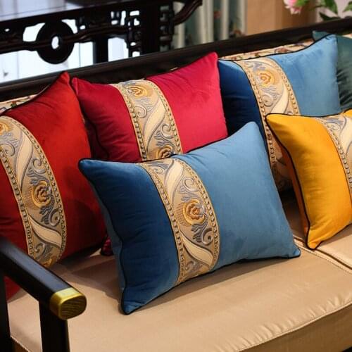 New Chinese Style Embroidery Flower Velvet Pure Color Cushion Cover Simplicity Splicing Waist Pillowcase Decoration for Sofa Bed