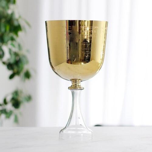 6" stand crystal singing grail bowl with handle and musical note F for heart chakras with Tetragonal continuous design