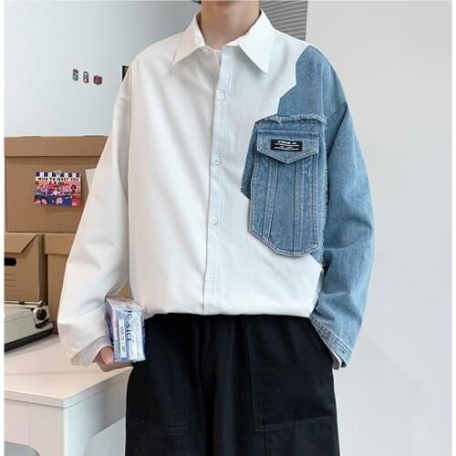 Mens Shirts Fashion Spliced Jeans Cotton White Blue Oversized Shacket Hip Hop Streetwear Loose Overshirt Big Size 5XL 4XL
