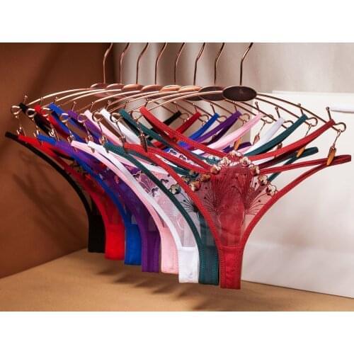 Floral Embroidery Sexy Lace Pearl G-String ThongsPanties Womens Panties Low Waist Transparent G-strings Intimates Exotic Briefs
