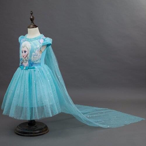 Disney Anna Elsa Girls Shawl Trailing Dress Kids Princess Party Costume Cosplay Frozen Sequined Clothing Snow Queen Fantasy