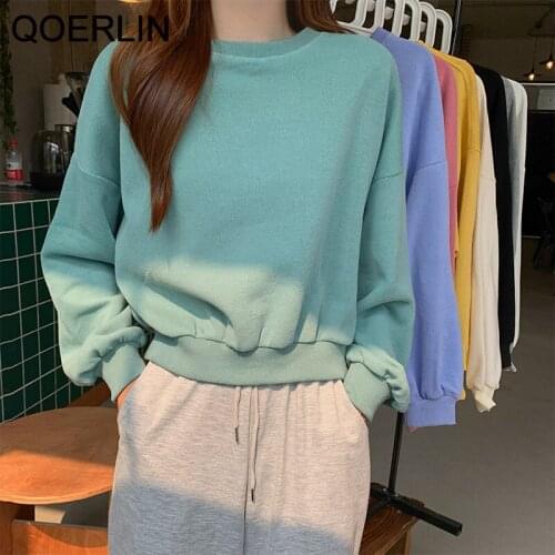 QOERLIN Sweatshirts Streetwear 2021 New Fashion Autumn Winter Pullover Korean Women Cropped Tops Sweatshirt Black Pink Pullovers
