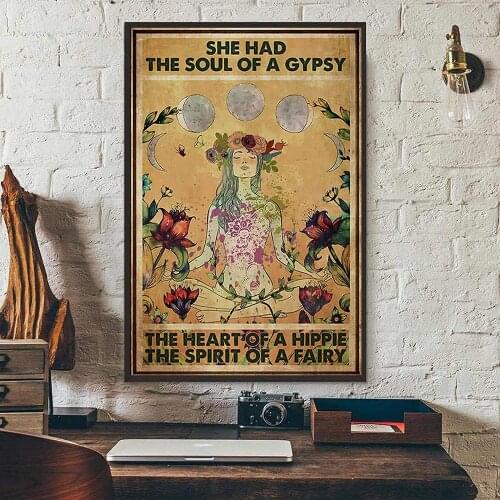 She Had The Soul of A Gypsy Canvas Wall Art Heart of a Hippie of A Fairy Vintage Girl Art Living Room Bedroom Decor Tin Sign