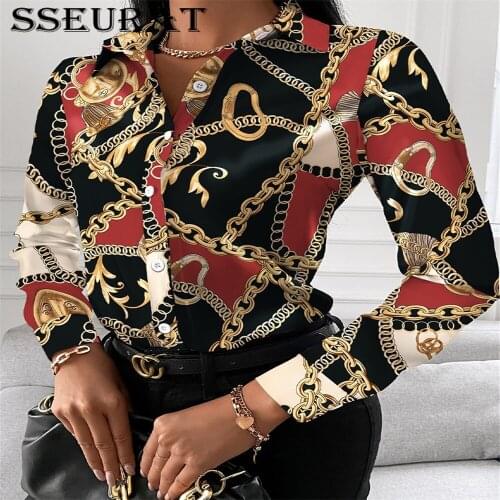 SSEURAT Women Print Long Sleeve Casual Turn Down Collar Shirt Elegant Top Blouse