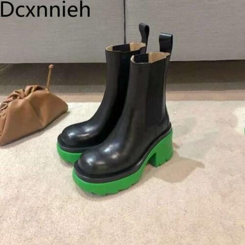 Autumn New Women Ankle Boots Thick Sole Chunky High Heel Chelsea Boots Ladies Slip-on Short Booties Round Toe Boots Woman 2021