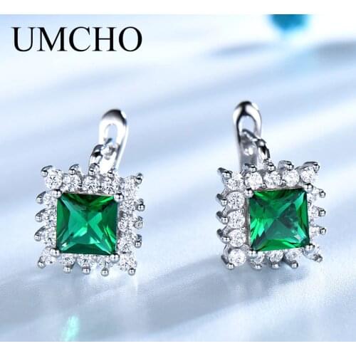 UMCHO Luxury Vintage Green Emerald Clip Earrings For Women Solid 925 Sterling Silver Jewelry Classic Party Gift Fine Jewelry New